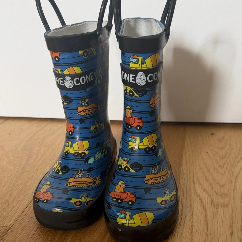 Kids Blue Construction Print Rain Boots with Pull Handles
